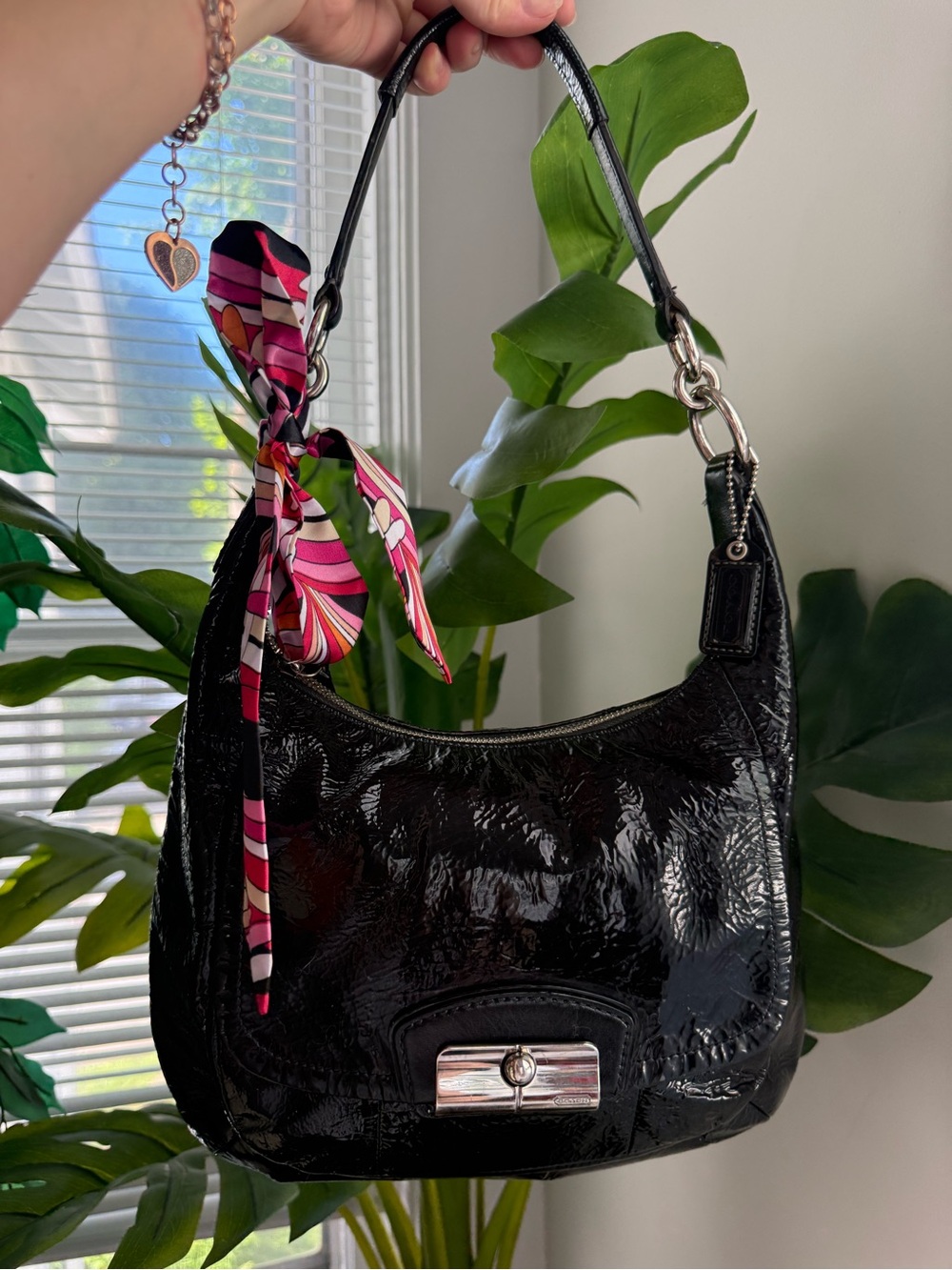 Coach Black Patent Shoulder Bag with Pink Accent Scarf